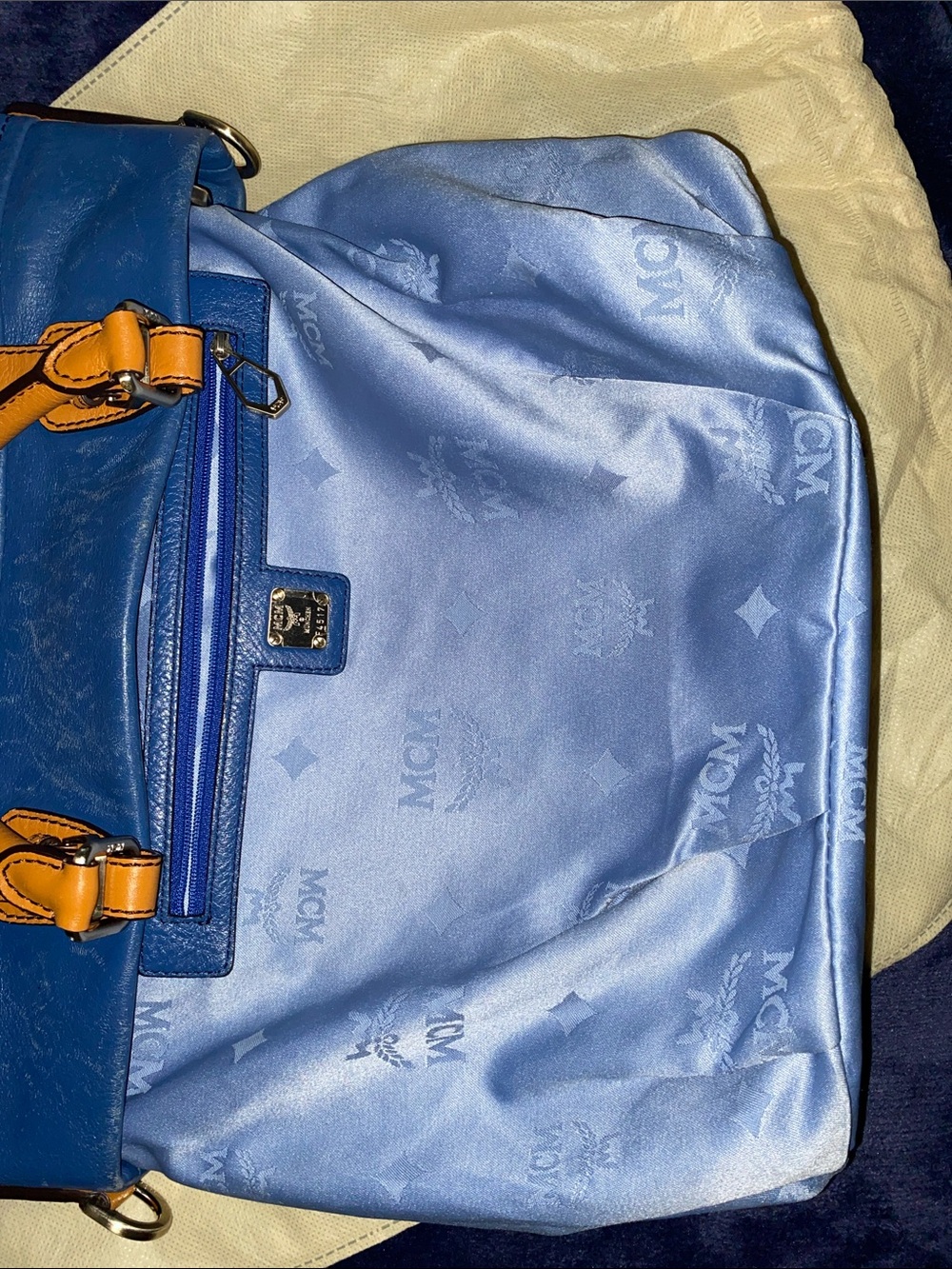 MCM Visetos Logogramme Blue Leather Satchel with Tan Handles and Gold Hardware - Picture 8 of 14